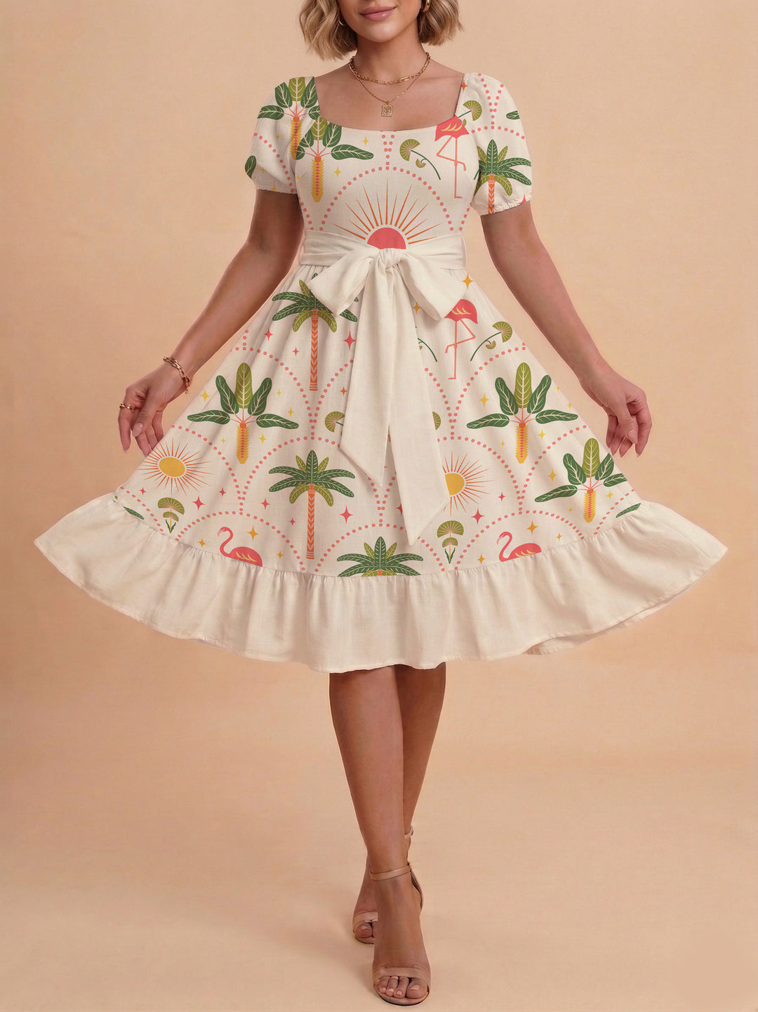Damen A-Linien-Kleid mit floralen Motiven und taillierbarem Gürtel EB