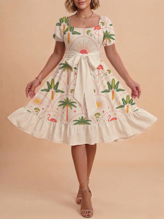 Damen A-Linien-Kleid mit floralen Motiven und taillierbarem Gürtel EB
