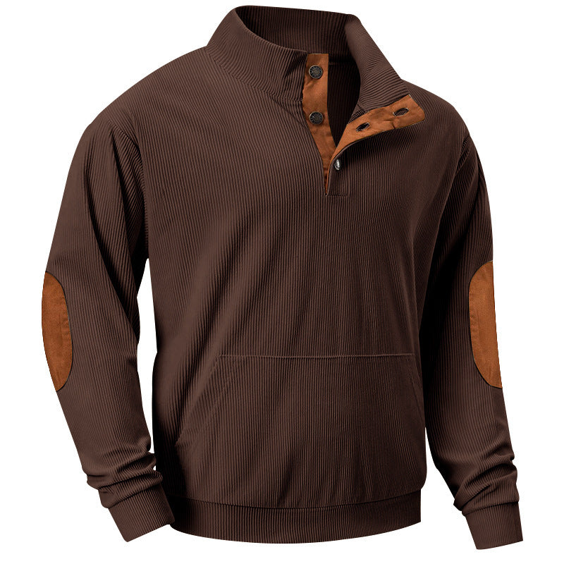 Herren Strukturiertes Ripp-Henley-Sweatshirt mit Stehkragen, Kängurutasche & Velours-Ellbogenpatches EB