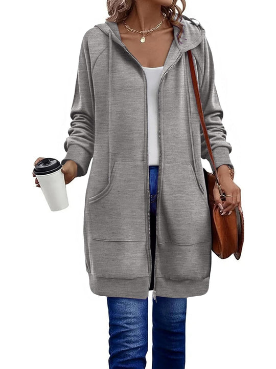 Damen Lange Kapuzenjacke mit Reißverschluss und praktischen Taschen EB