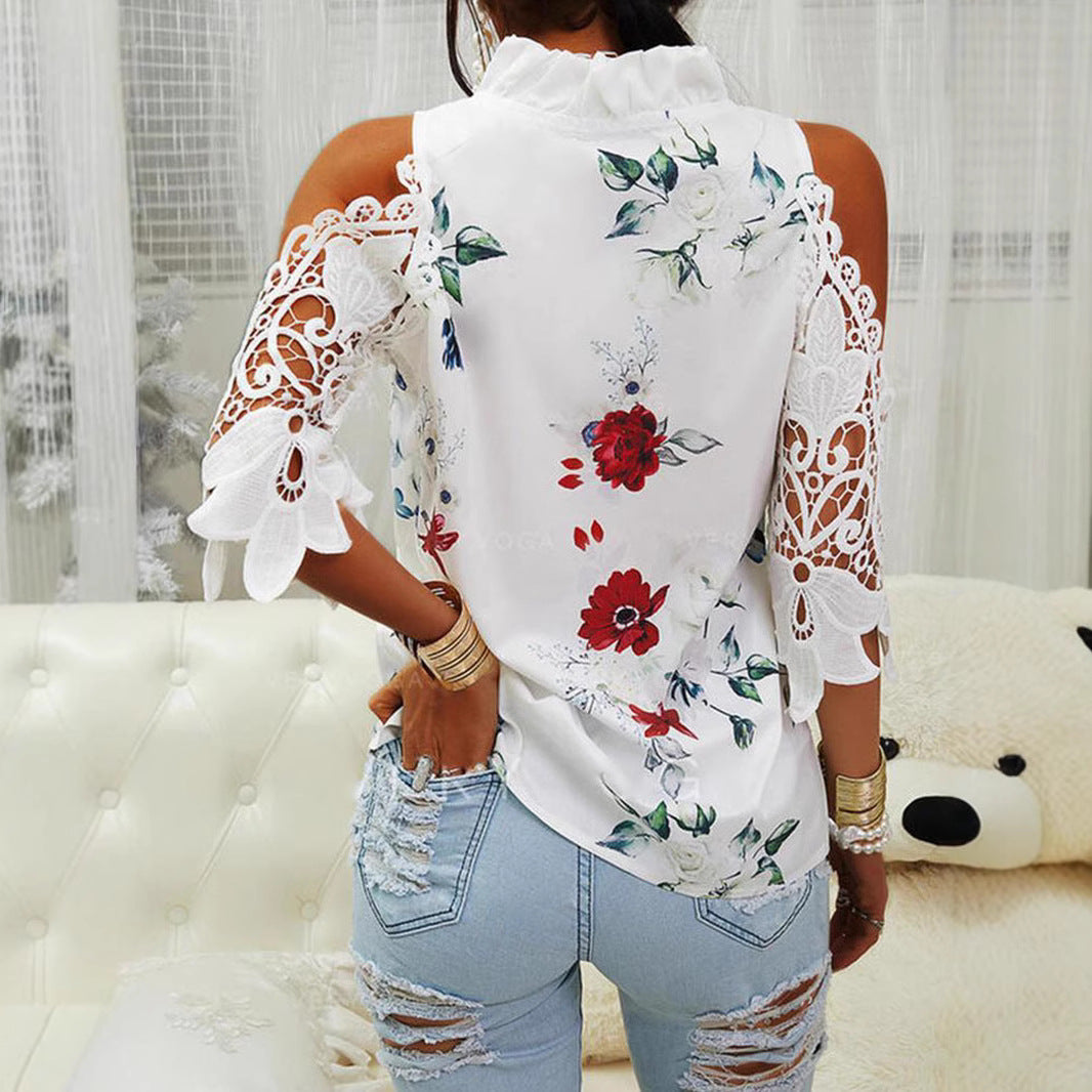 Damen Bluse mit Cut-Out-Ärmeln und floralem Design EB