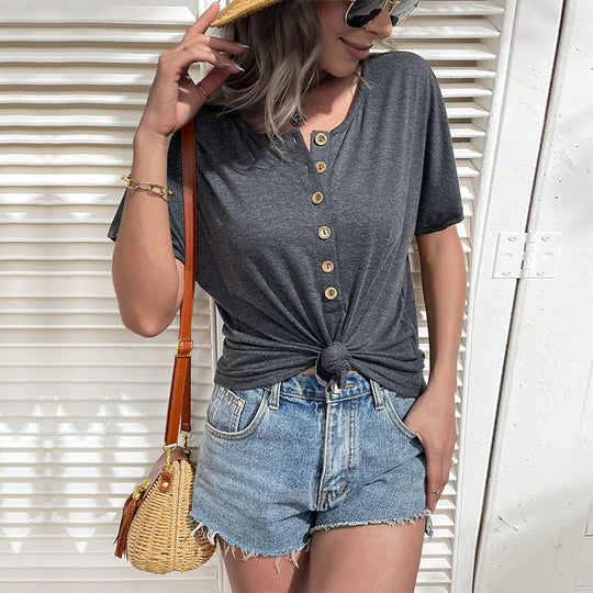 Damen T-Shirt mit modischen Holzknopfdetails EB