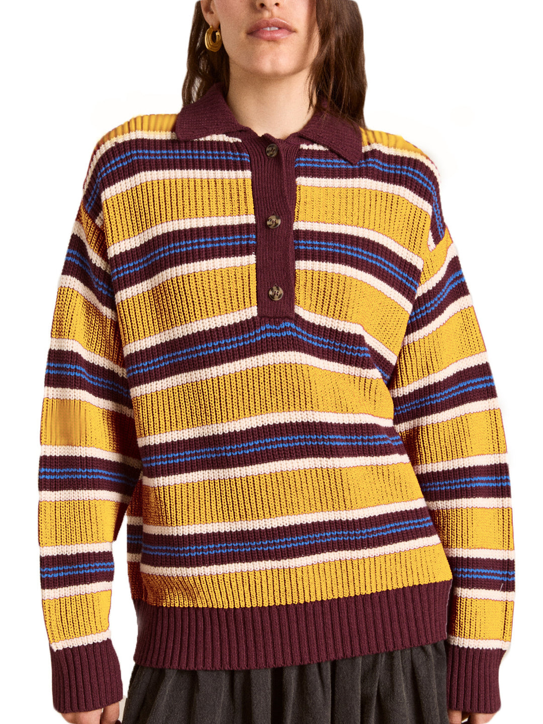 Damen Oversize Strickpullover mit Polokragen & mehrlagigem Streifenrelief EB
