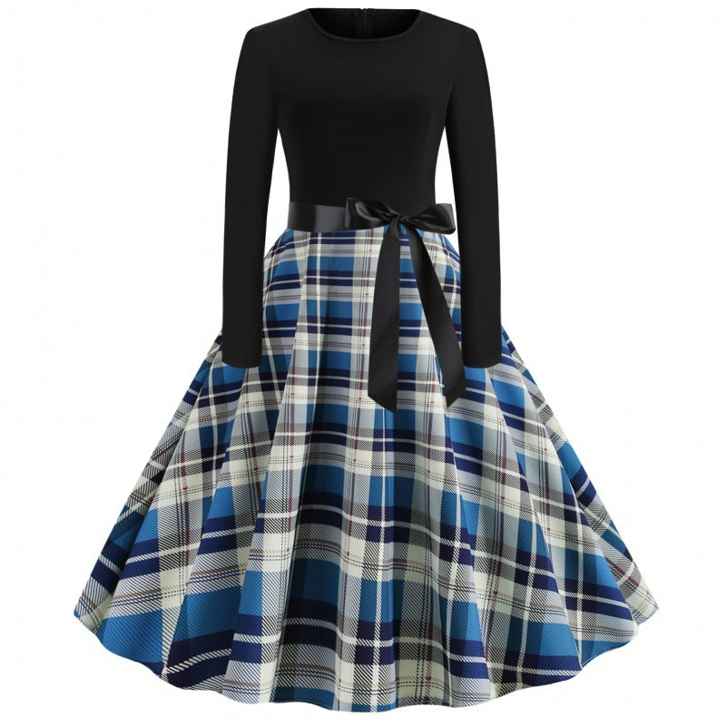Damen Vintage Tellerrockkleid mit Karo-Tellerrock, figurbetontem Langarmoberteil und Satinschärpe EB