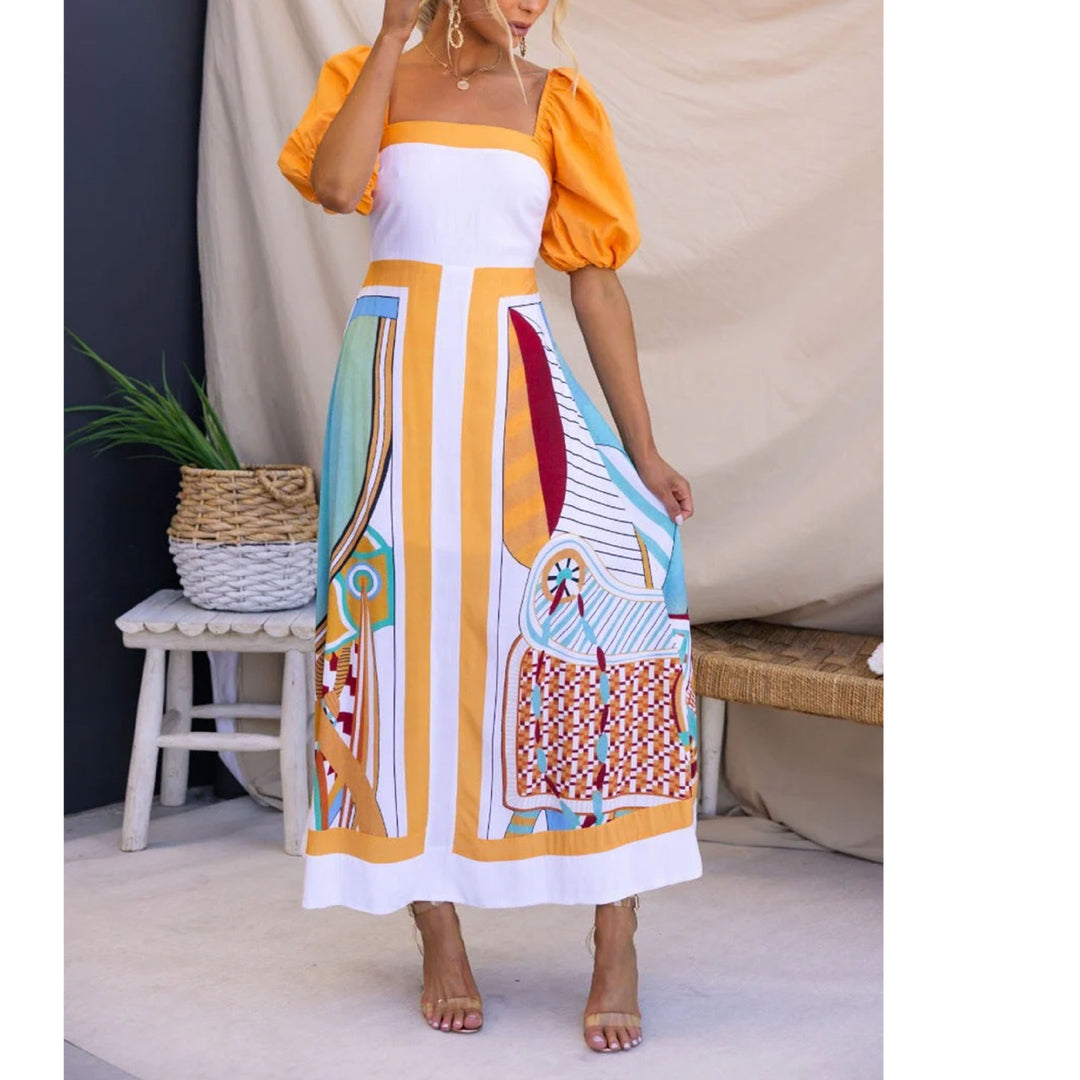 Damen Maxikleid mit kreativem Kunstdruck und Puffärmeln EB