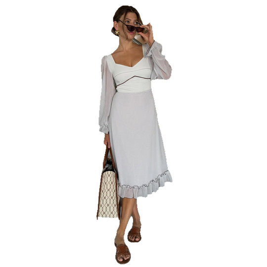 Damen Midikleid mit voluminösen Puffärmeln und verspieltem Rüschensaum EB