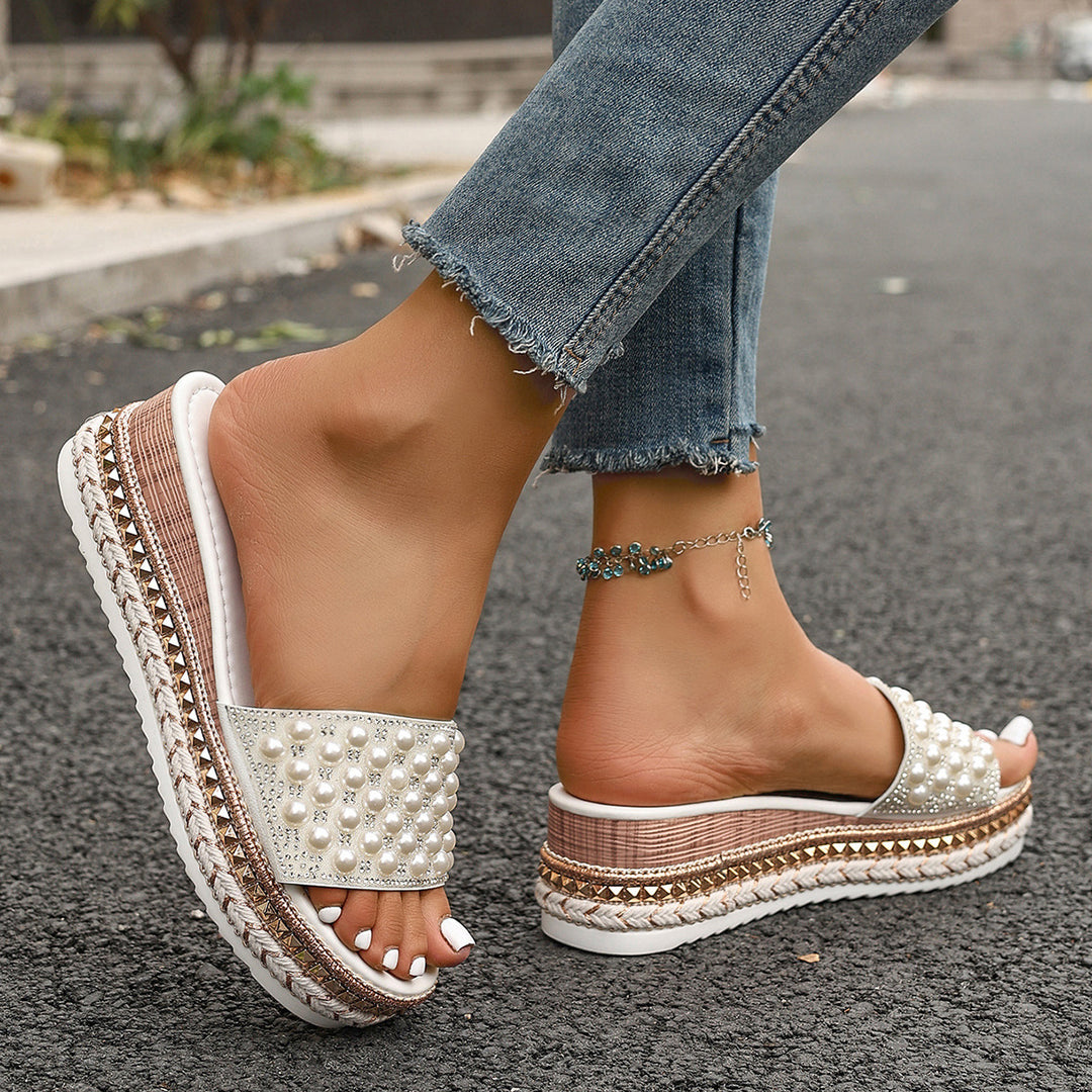 Damen Elegante Wedge-Pantoletten mit Perlenverzierungen und rutschfester Sohle EB