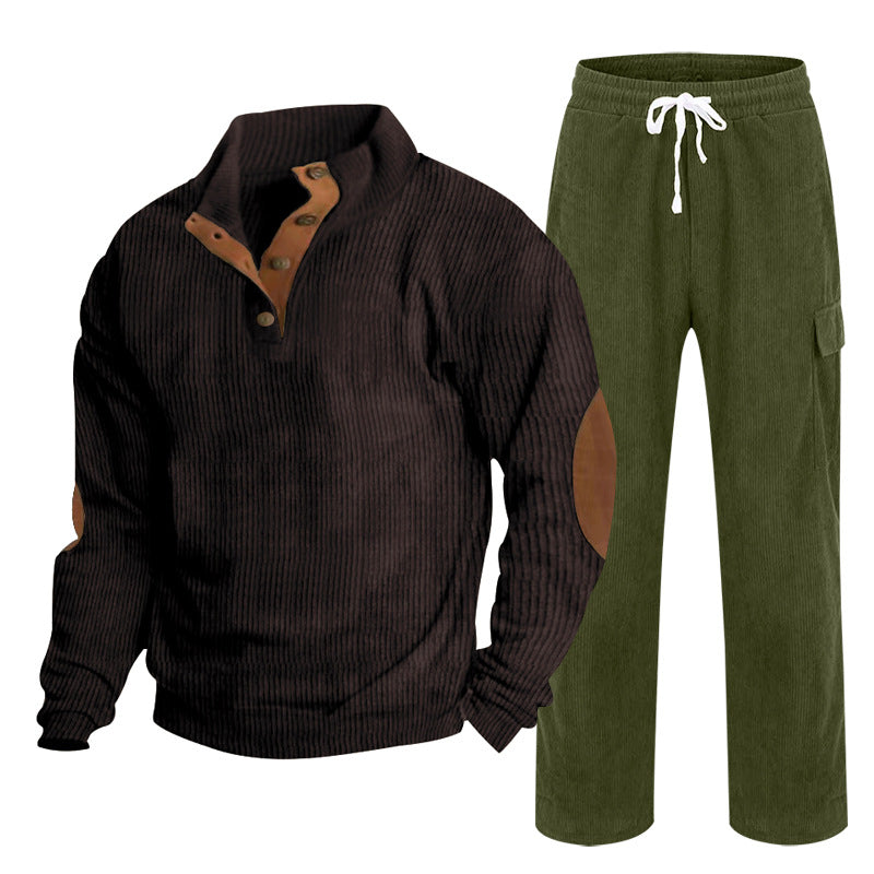 Herren nan strukturiertes Cord-Henley-Loungewear-Set mit Ellenbogenpatches und Cargo-Jogpant EB