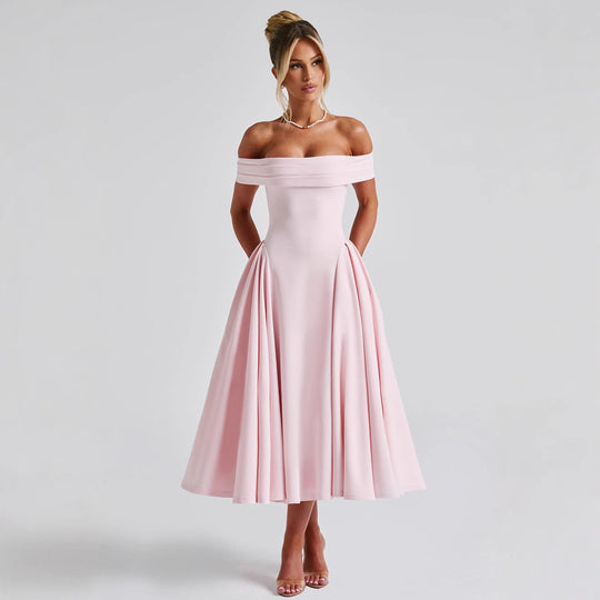 Damen Off-Shoulder Cocktailkleid mit voluminösem Rock und elegantem Trägerdesign EB