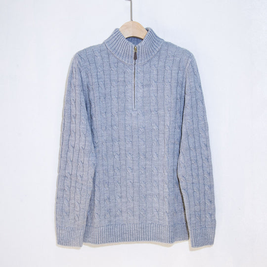 Herren eleganter Strickpullover mit halbem Reißverschluss und Zopfstrickmuster EB