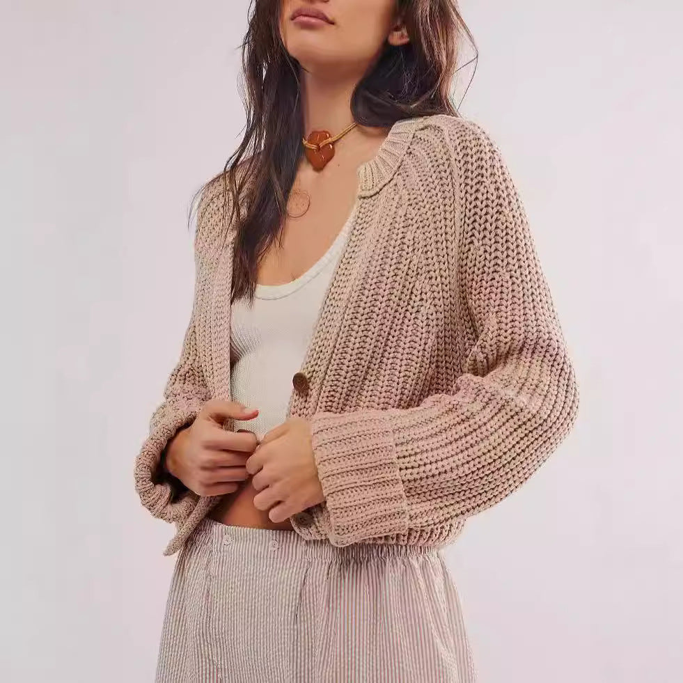 Damen lässige Strickjacke mit dekorativem Knopfverschluss und voluminösen Ärmeln EB