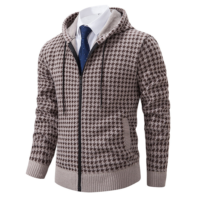 Herren gemütlicher Strickpullover mit modernem Karomuster und Kapuze EB