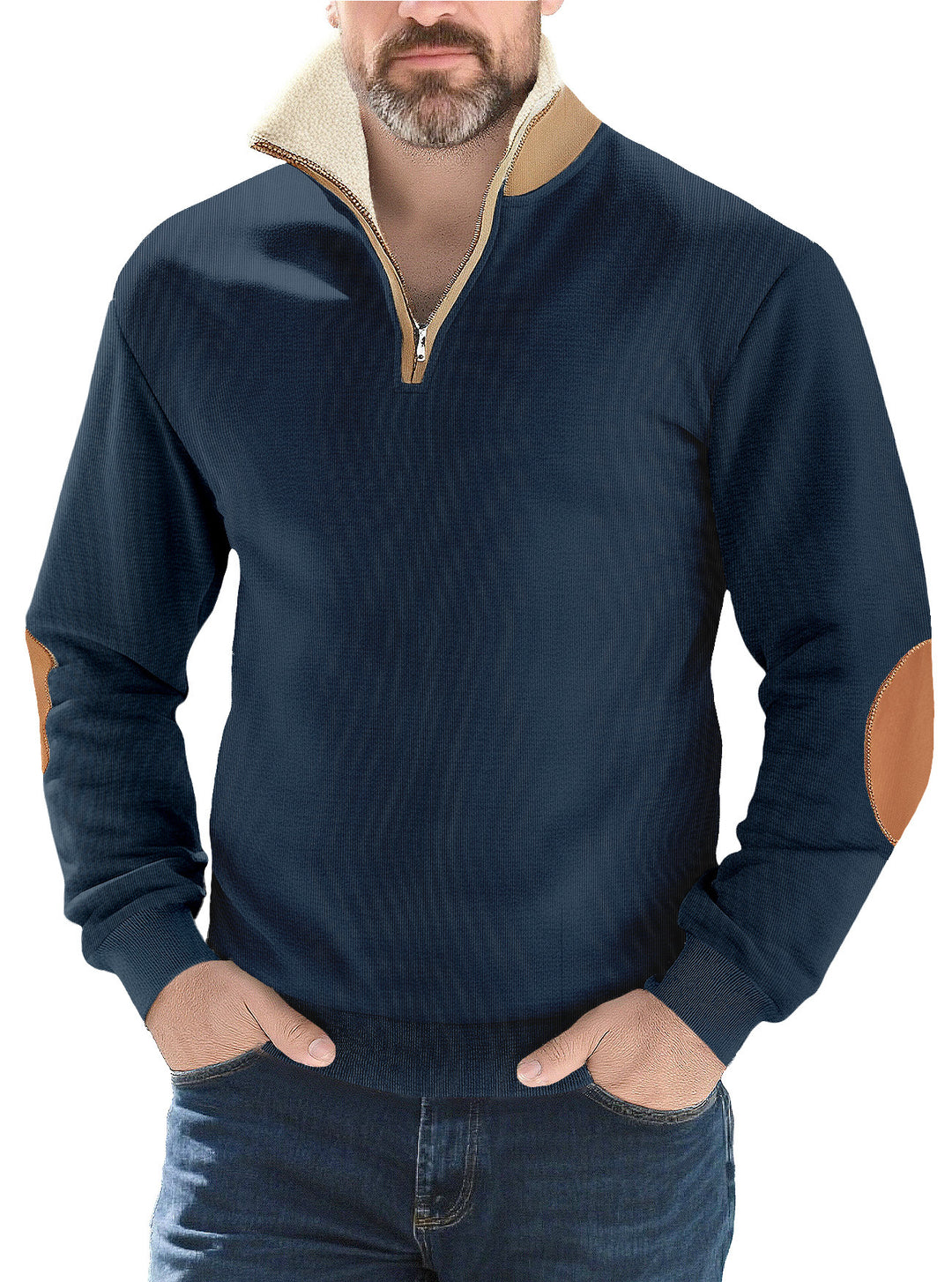 Herren nan Strukturstrick-Halbzipppullover mit wärmendem Sherpa-Kragen und Velours-Ellenbogenapplikation EB