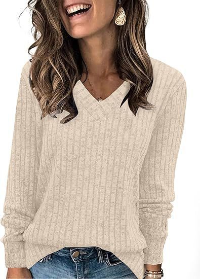 Damen V-Ausschnitt Pullover mit Rippstruktur EB