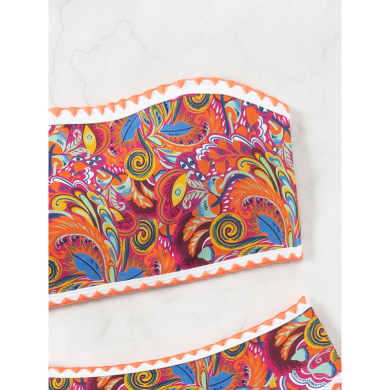 Damen Bandeau-Bikini mit buntem Psychedelic-Design und eleganten Rüschen EB