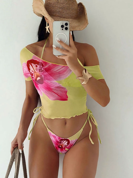Damen Bikini-Set mit asymmetrischem Oberteil und floralem Design EB