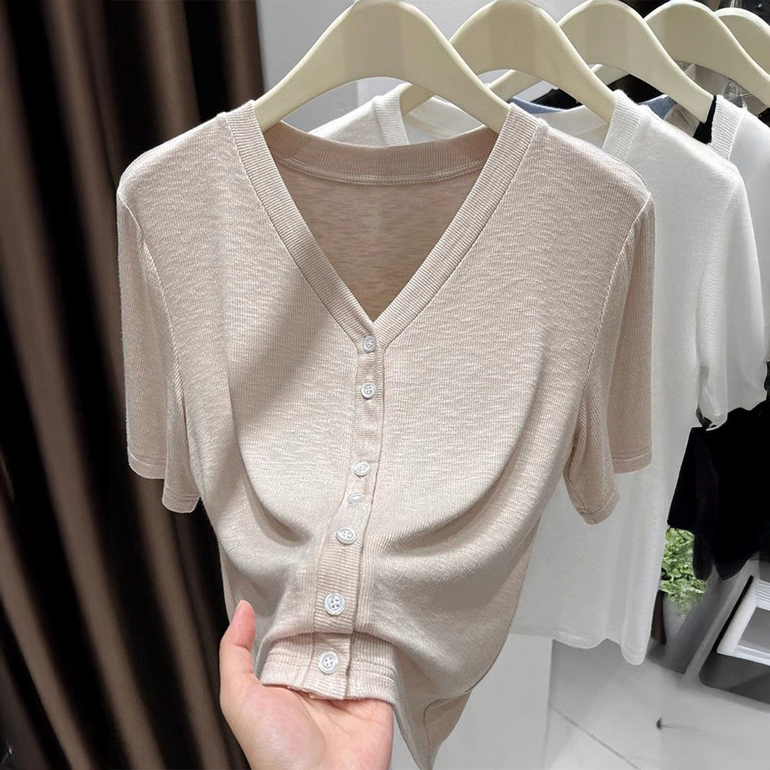 Damen Leichtes Wickeloberteil mit knopfverzierte Front EB