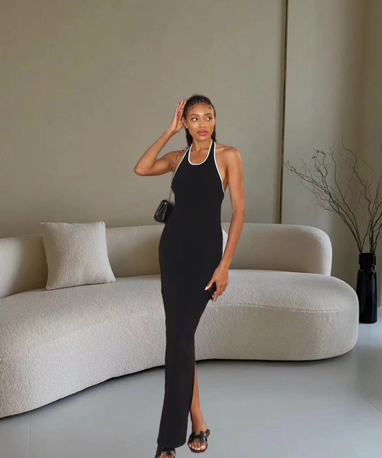 Damen Elegantes Maxikleid mit tiefem V-Ausschnitt und seitlichem Schlitz EB