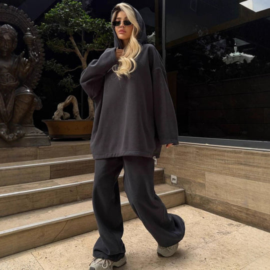 Damen Kuscheliges Oversize-Hoodie-Set mit weichgefütterter Kapuze und palazzoähnischer Loungehose EB