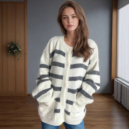 Damen Strickjacke mit dekorativen Knopfdetails und modischem Streifenmuster EB