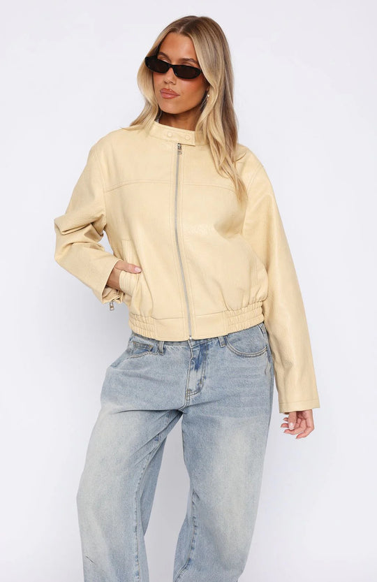 Damen Kunstleder Jacke mit elastischem Bund und hohem Stehkragen EB