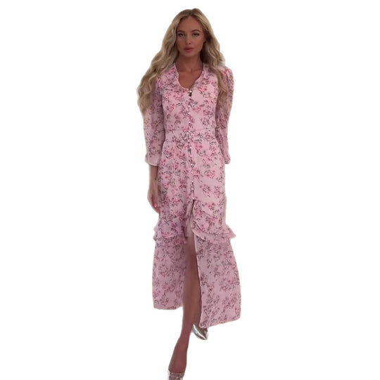 Damen Maxikleid mit floralem Design und hochgeschlossenem Ausschnitt EB