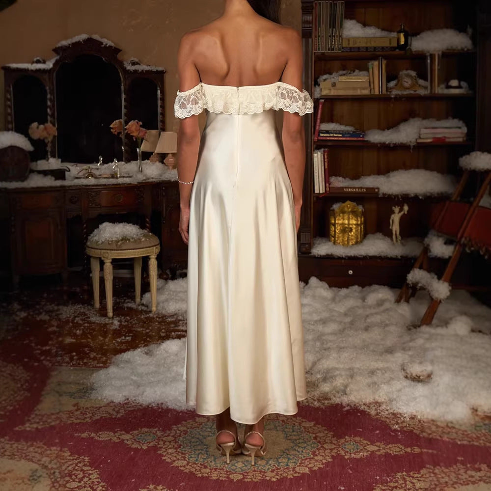 Damen Elegantes bodenlanges Kleid mit Spitzenbesatz EB