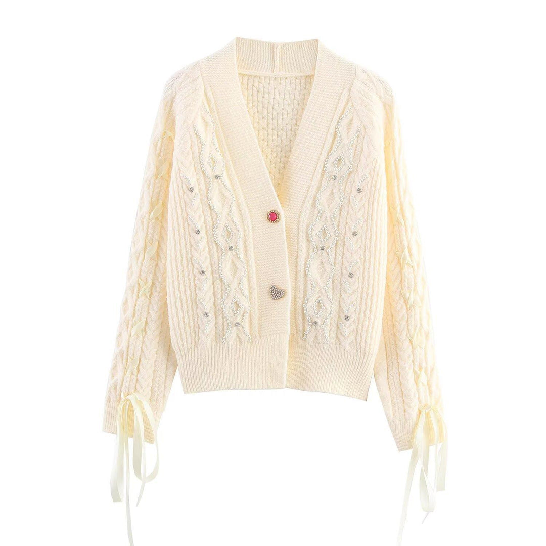 Damen elegante Strickjacke mit dekorativen Knöpfen und Rüschendetails EB