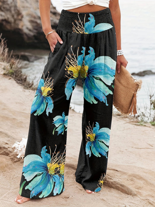 Damen Weit geschnittene Strandhose mit floralem Motiven und elastischem Bund EB