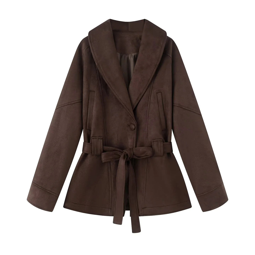 Damen elegante Übergangsjacke mit Bindegürtel und schmeichelndem Revers EB