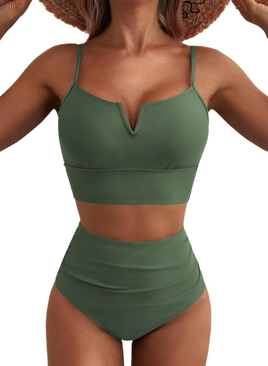 Damen Hochtailliertes Bikini-Set mit V-Ausschnitt und breiten Trägern EB