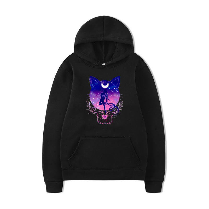 Damen Kapuzenpullover mit künstlerischem Katzenmotiv und bequemer Passform EB