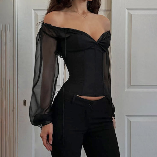 Damen elegantes Oberteil mit transparenten Ärmeln und schmaler Silhouette EB
