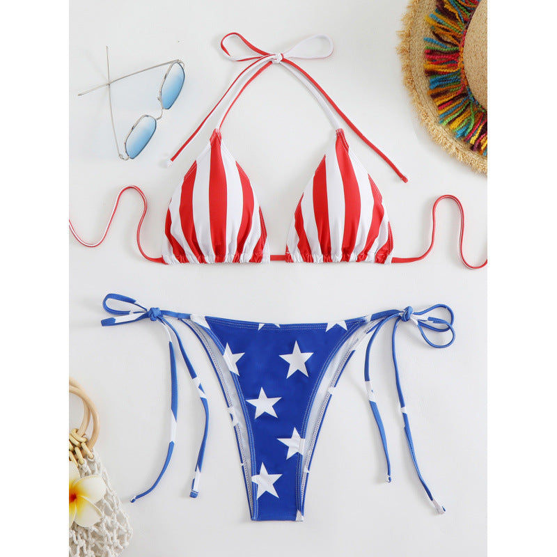 Damen Triangel-Bikini mit amerikanischem Streifen- und Sternenmotiv EB