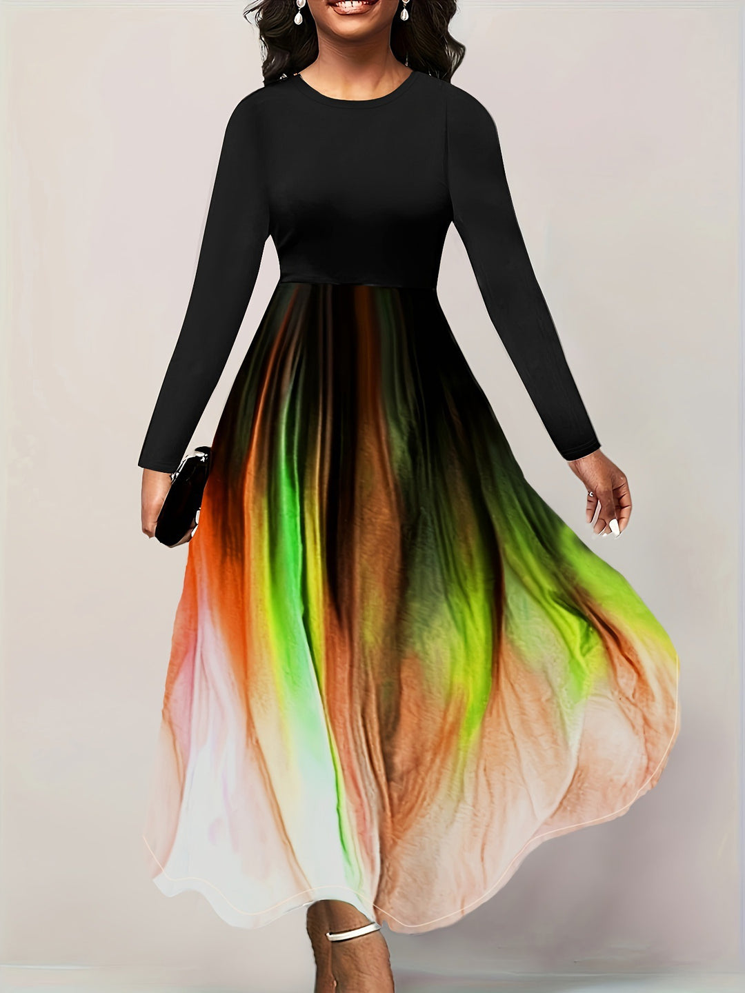 Damen Elegantes Maxikleid mit kreativer Farbverlauf-Optik und langen Ärmeln EB