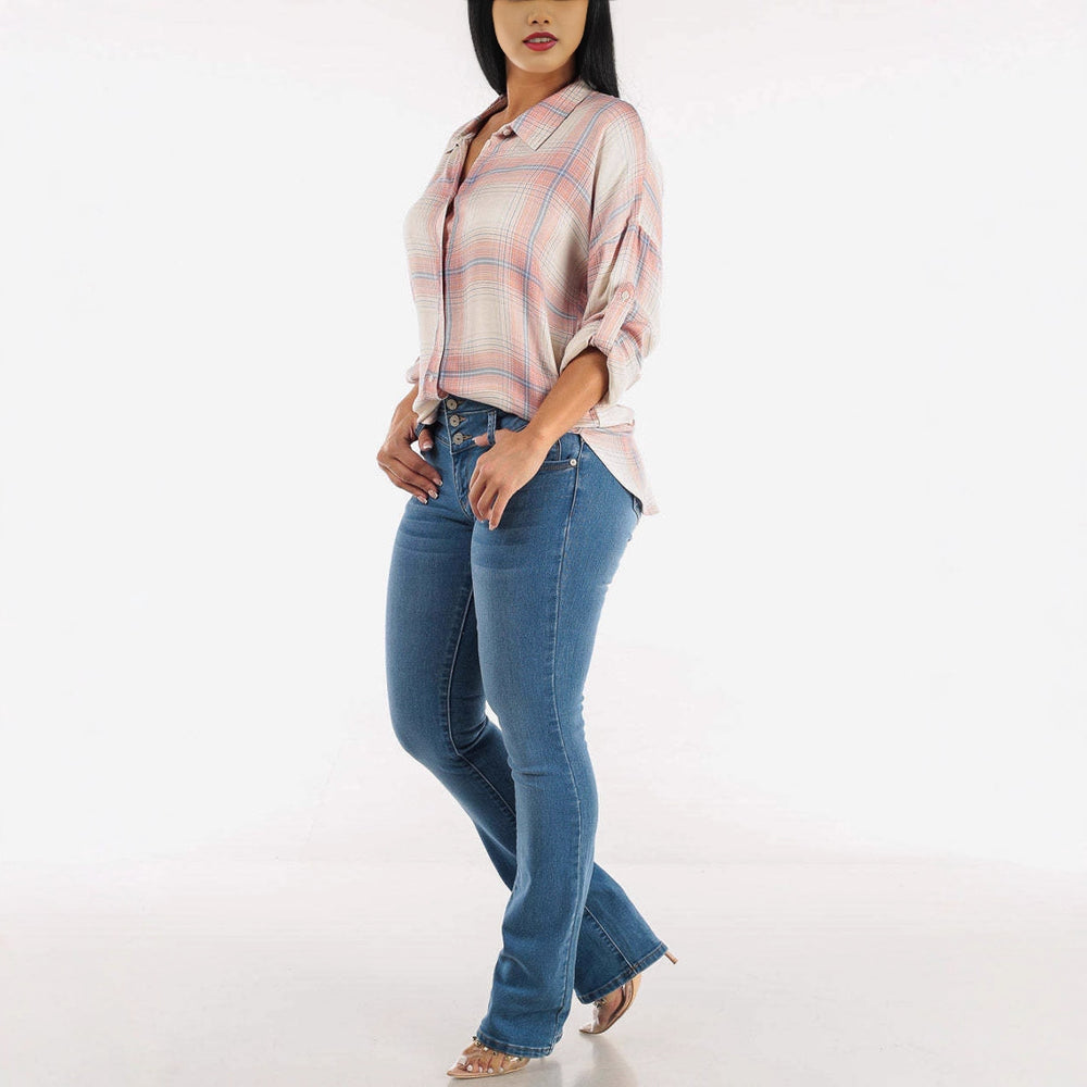 Damen Hochtaillierte Bootcut Jeans mit eleganten Knopfdetails EB