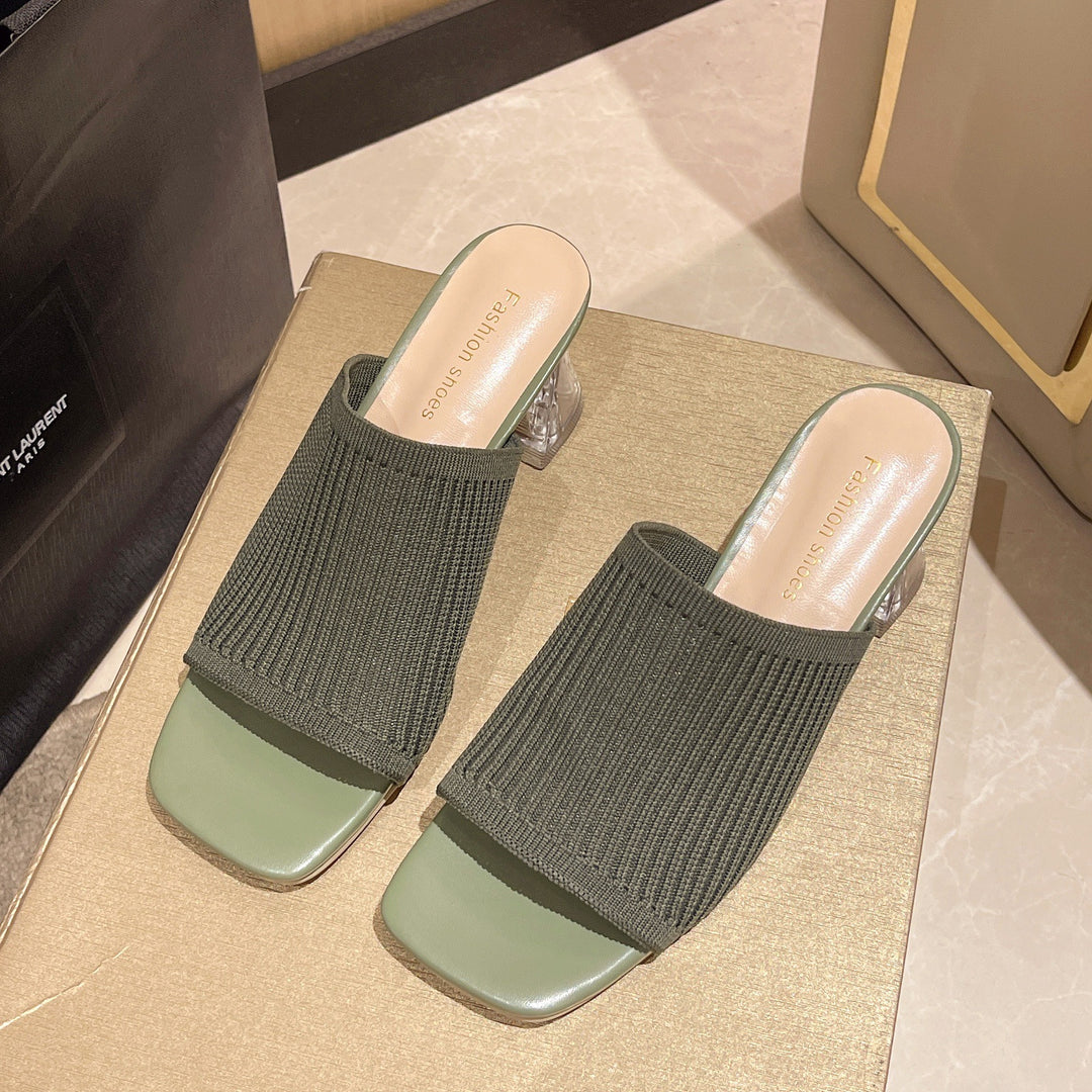 Damen Slide-Sandalen mit luftiger Rippstruktur und transparentem Blockabsatz EB