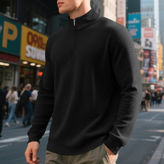 Herren nan leichter Waffel-Halbzip-Pullover mit Stretchanteil und Stehkragen EB