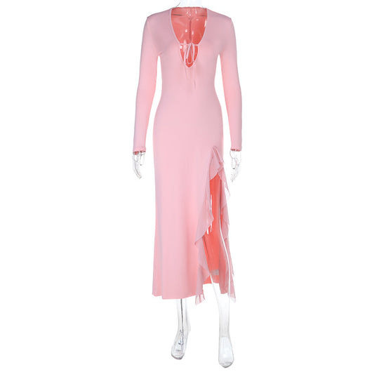 Damen Langärmeliges Midaxi-Abendkleid mit tiefem V-Ausschnitt, Bindeband und seitlichem Volantschlitz EB