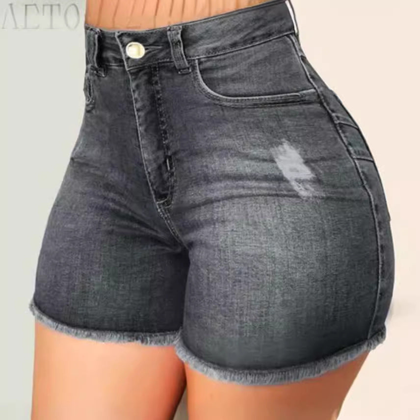 Damen Jeans-Shorts mit hohem Bund und ausgefranstem Saum EB