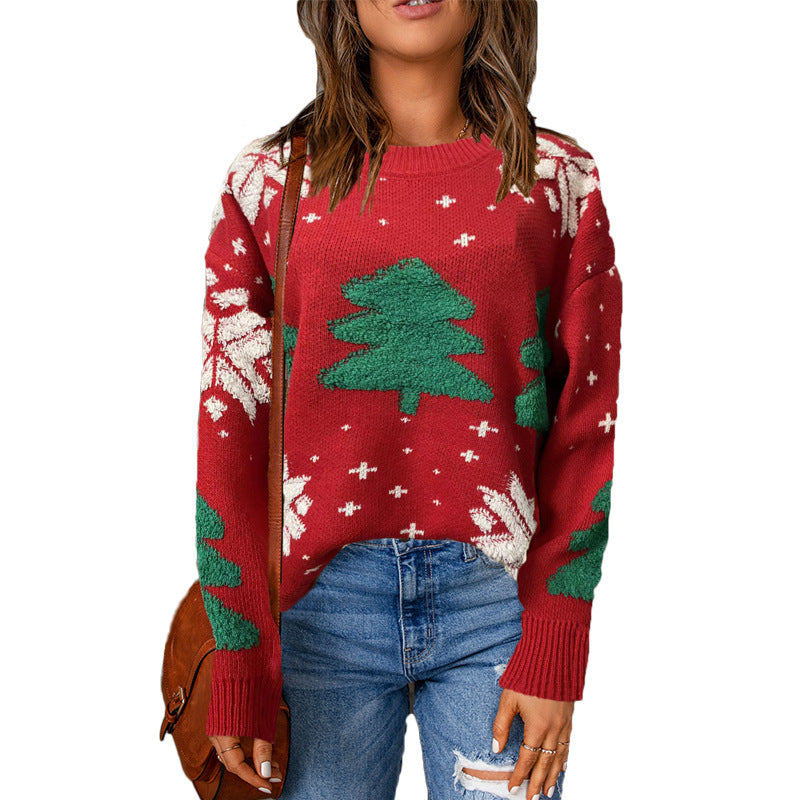 Damen Grobstrickpullover mit winterlichem Tannenbaum-Motiv und lässigem Schnitt EB