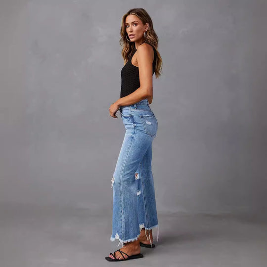 Damen Flared Jeans mit Distressed-Effekten und hohem Bund EB