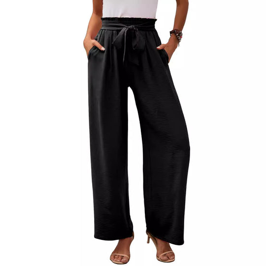 Damen nan Paperbag-Hose mit weitem Bein, hohem elastischem Bund und Bindegürtel EB