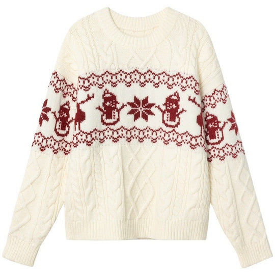 Damen Weihnachts-Pullover mit festlichem Zopfmuster und Schneemann-Motiv EB