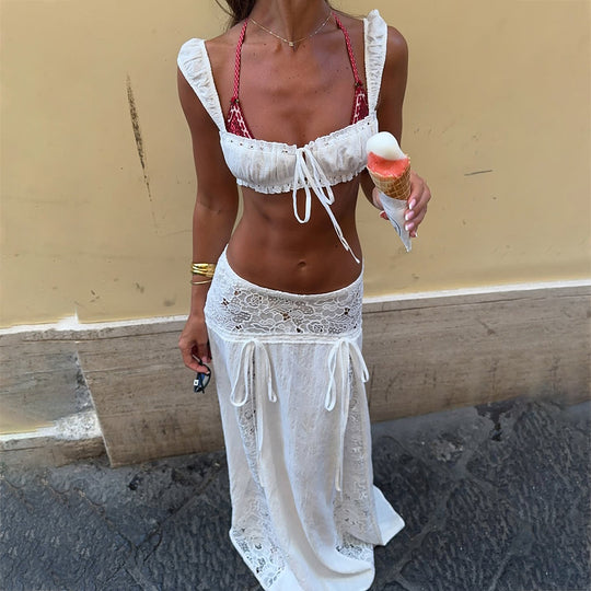 Damen Elegante Häkel-Tunika mit langem Rock EB