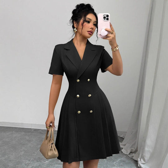Damen elegantes A-Linien Kleid mit doppelter Knopfleiste und plissiertem Rock EB