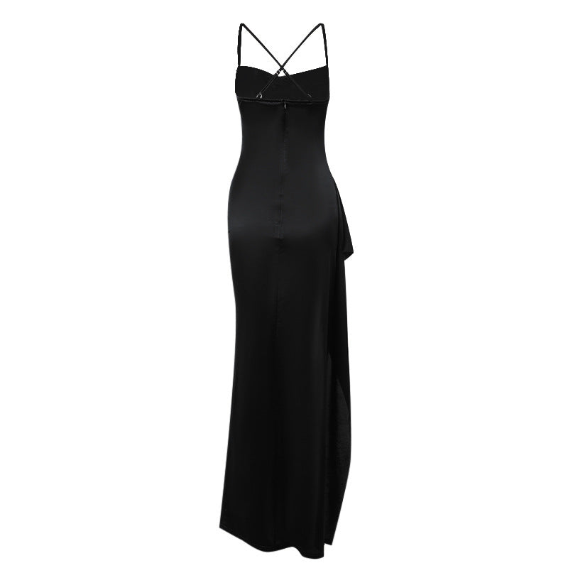 Damen elegantes Satin-Kleid mit tiefem Schlitz und verstellbaren Spaghetti-Trägern EB