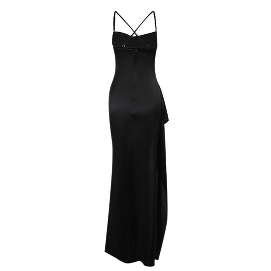 Damen elegantes Satin-Kleid mit tiefem Schlitz und verstellbaren Spaghetti-Trägern EB
