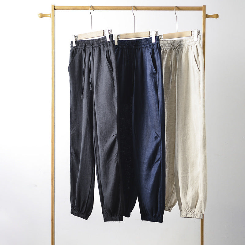 Damen lässige Leinenhose mit elastischem Bund und seitlichen Taschen EB