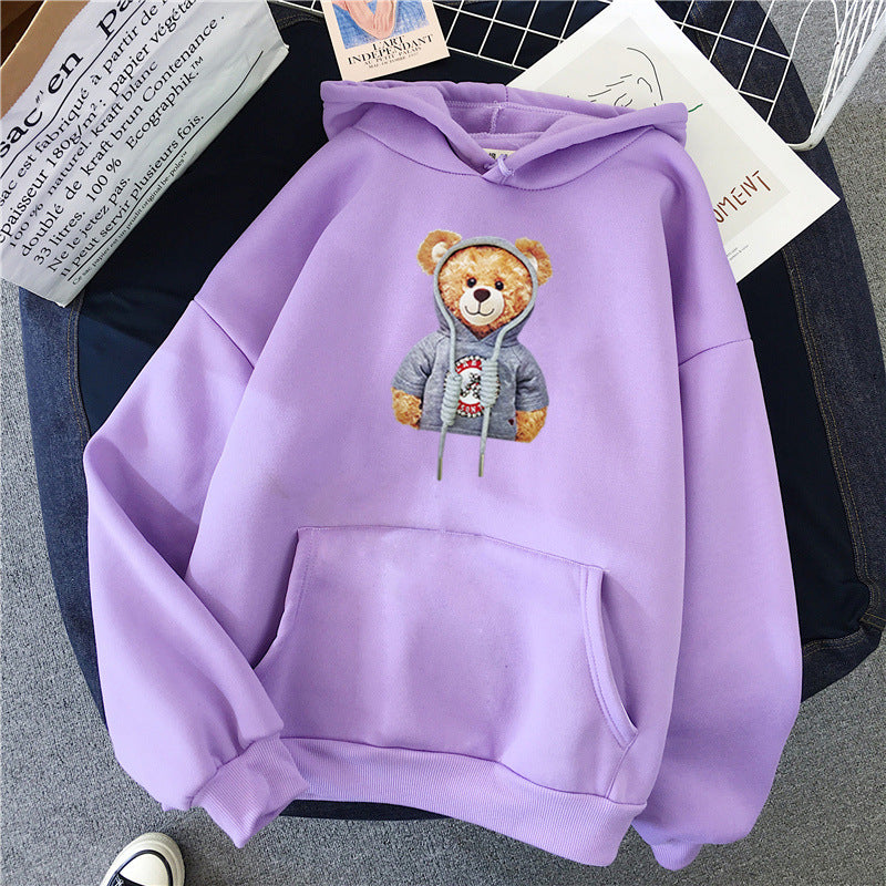 Unisex nan lässiger Oversize Kapuzenpullover mit Teddy-Frontprint, Kängurutasche und weichem Fleece-Innenfutter EB